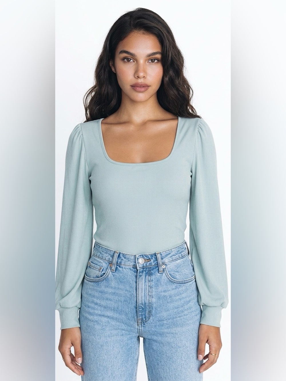 Scoop Neck Long Sleeve Top in Sage Green - Picture 2 of 16